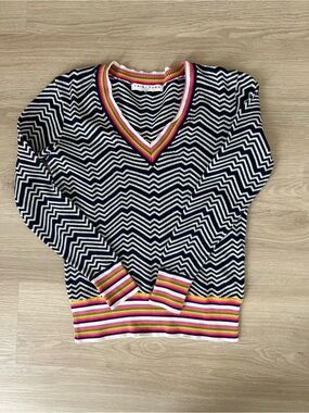 Trina Turk Navy Chevron V-Neck Sweater with Pink and Yellow Trim
